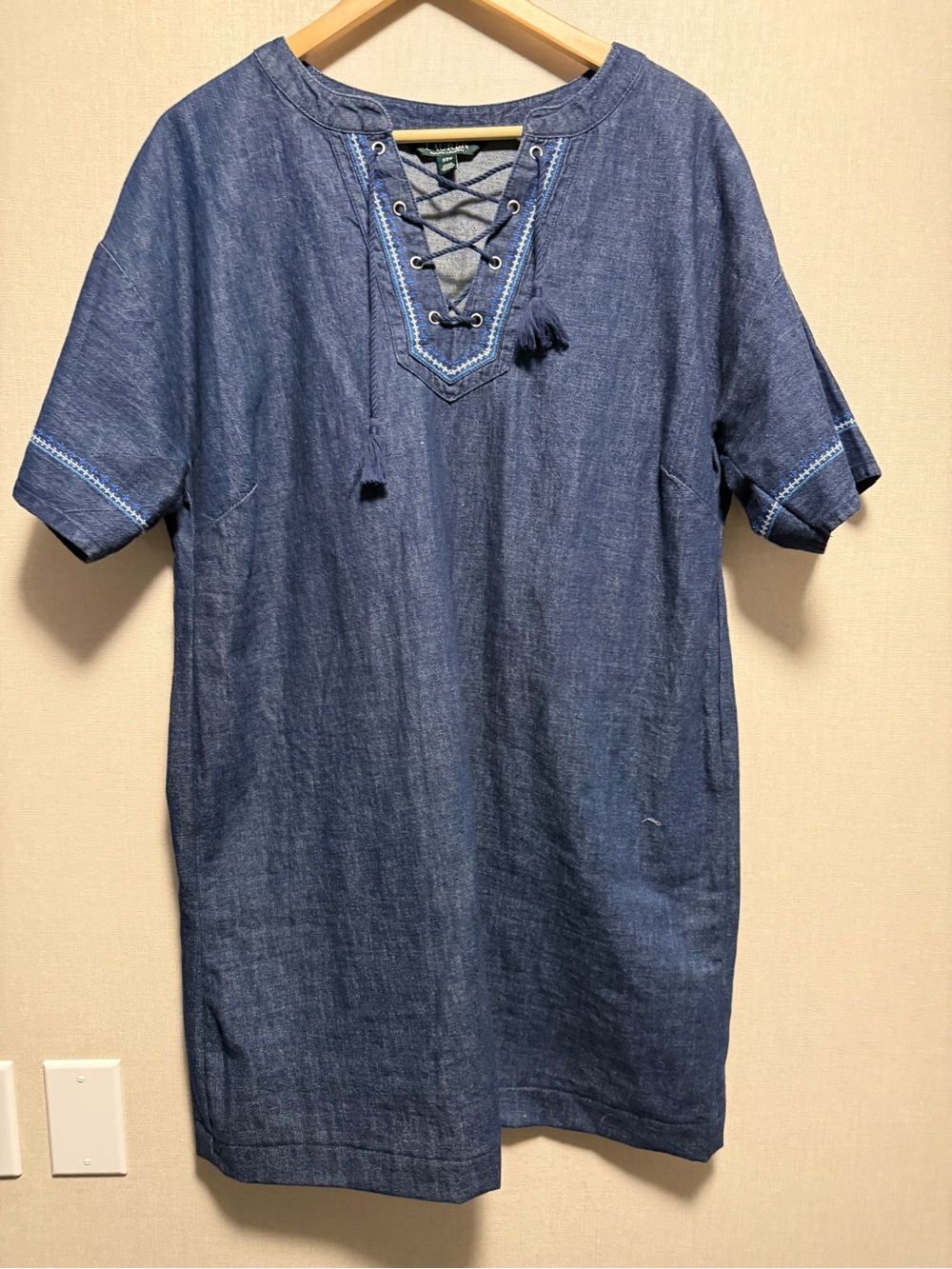 Lauren Ralph Lauren Chambray Denim Shift Dress 22W Plus Lace Up Embroidered